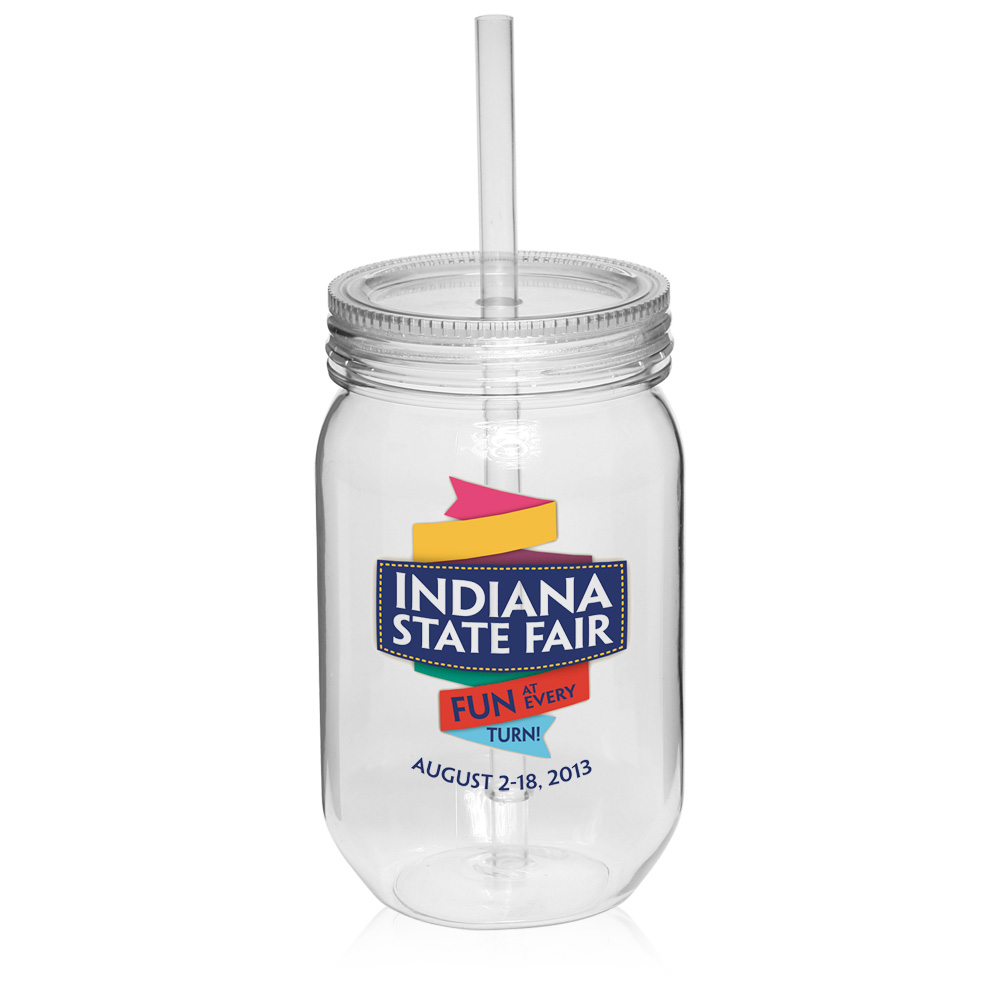 Logo PG129 24 oz. plastic mason jars with straw