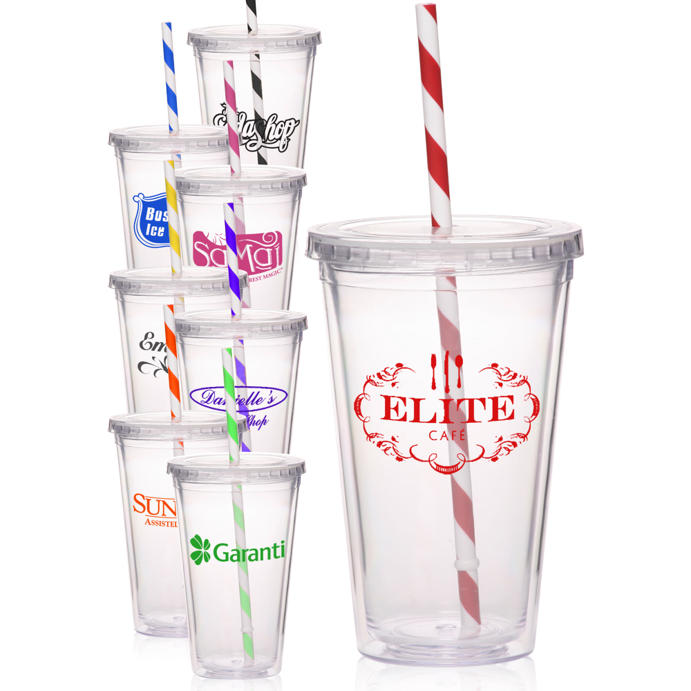 Logo 16 oz. Double Wall Acrylic Tumbler with Striped Straw